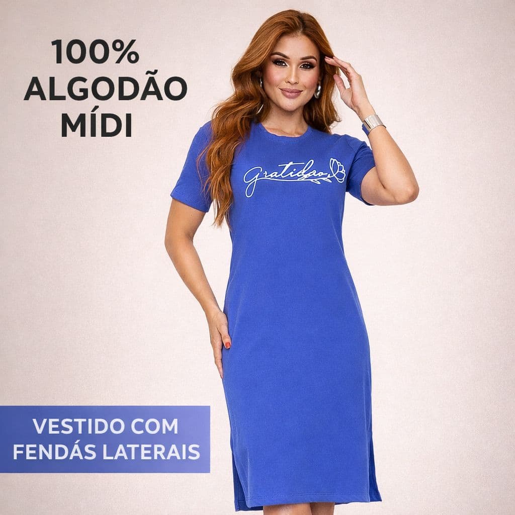 Vestido Feminino Fenda Lateral 100% Algodão Elegante Casual Estampado