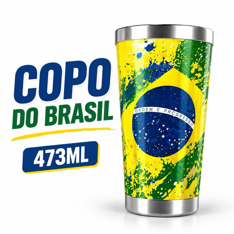 Copo Térmico Brasil 473ml Reutilizável | Estampa Sortida | Perfeito para Festas e Jogos