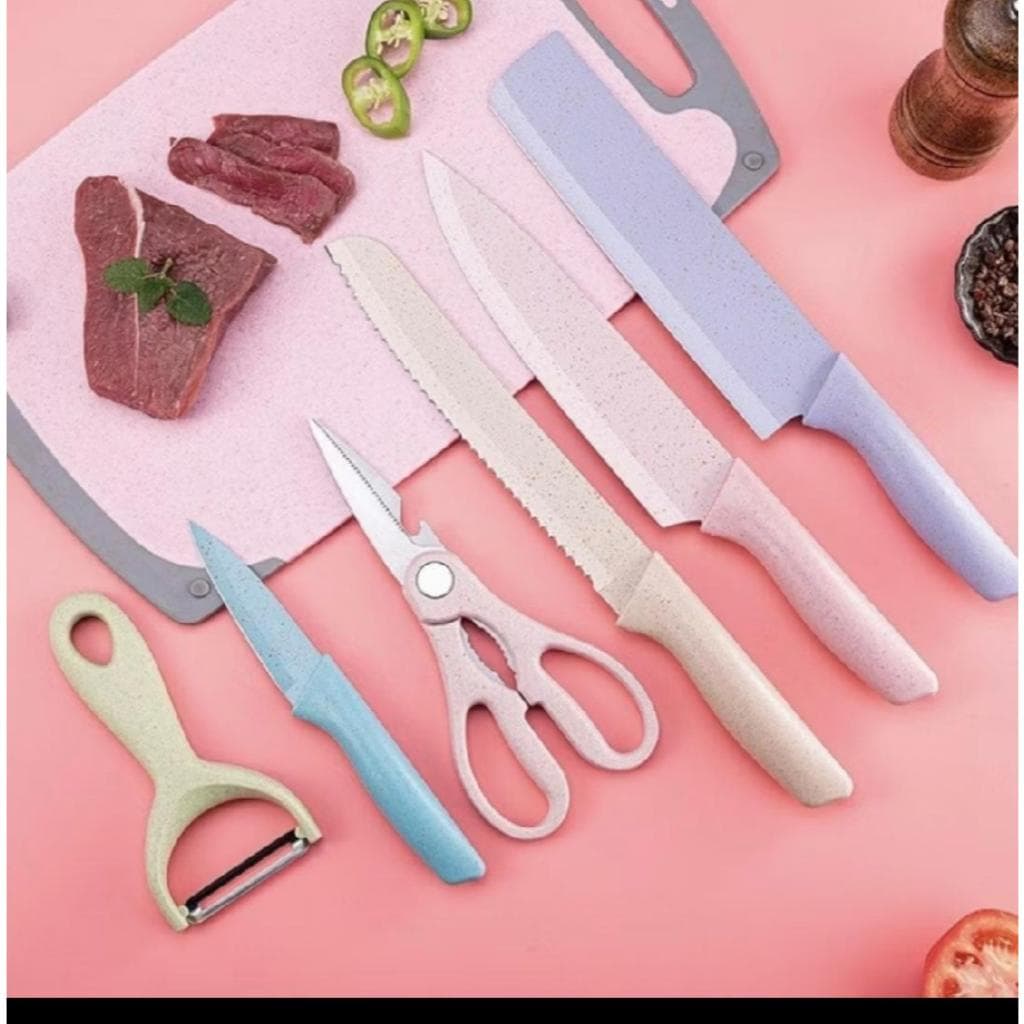 KIT FACAS DE COZINHA COLORIDAS 7 PEÇAS + TESOURA E DESCASCADOR ANTIADERENTE INOX MULTIUSO