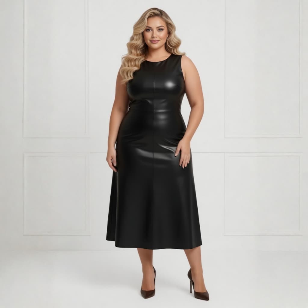 Vestido Feminino Plus Size Midi Longuete Couro Fake Elegante Festa Formatura Casamento