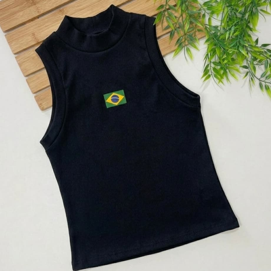 Regata Feminina Brasil Copa – Blusinha Canelada com Bandeira, Torcida Verão e Dia a Dia
