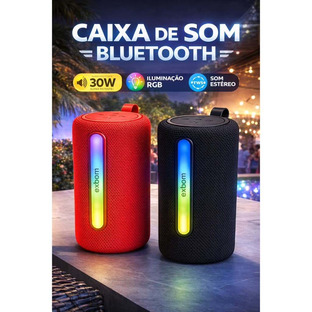 Caixa De Som Bluetooth 30W RGB Portátil Exbom TWS USB FM TF