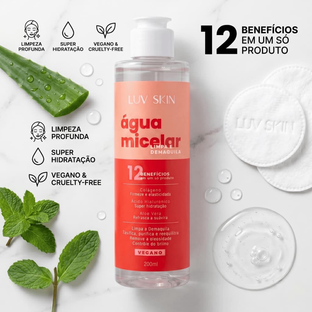 Água Micelar Luv Skin 200ml – Limpeza Profunda e Hidratação