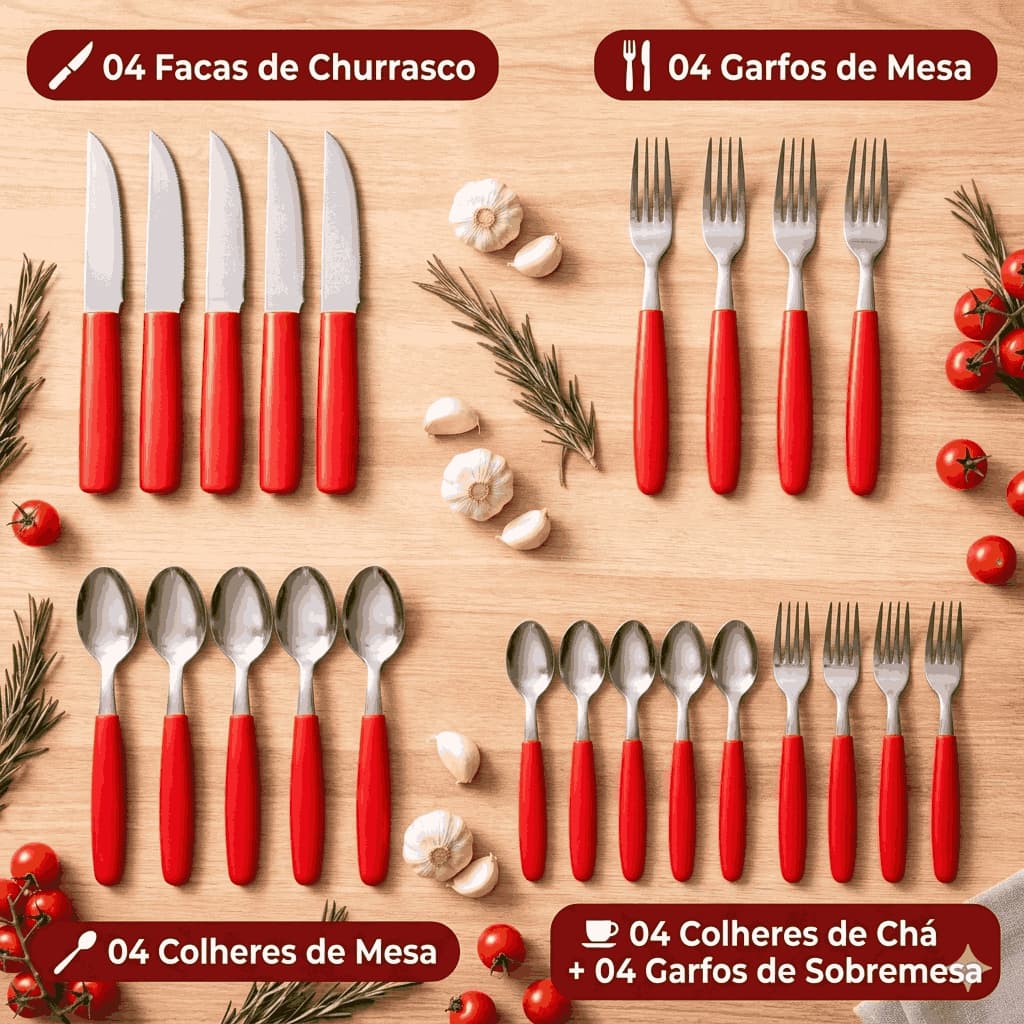 Jogo Talheres Aço Inox 21 Peças Cabo Vermelho Faqueiro Mesa Completo Original