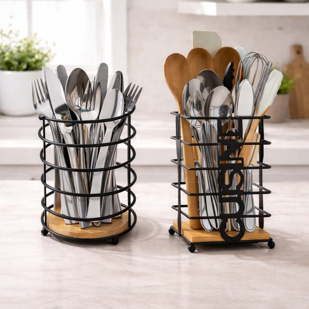 Porta Utensilios Metal Base Bambu Quadrada ou Redonda Organizador Cozinha Moderno Resistente Pratico Elegante Premium