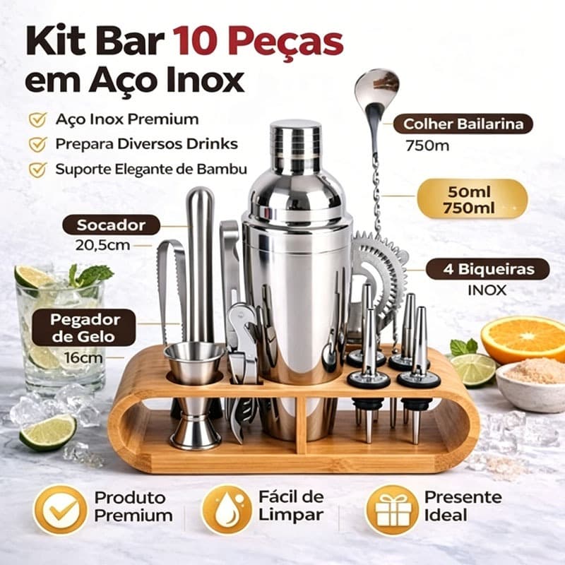 Kit 10 Peças Coqueteleira Inox 750ML, Base Organizadora de Bambu para Bar e Festa