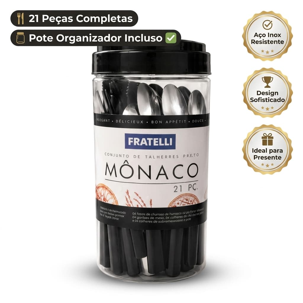 Kit Talheres Inox 21 Peças Preto Faqueiro com Pote Lava-louças Elegante Original