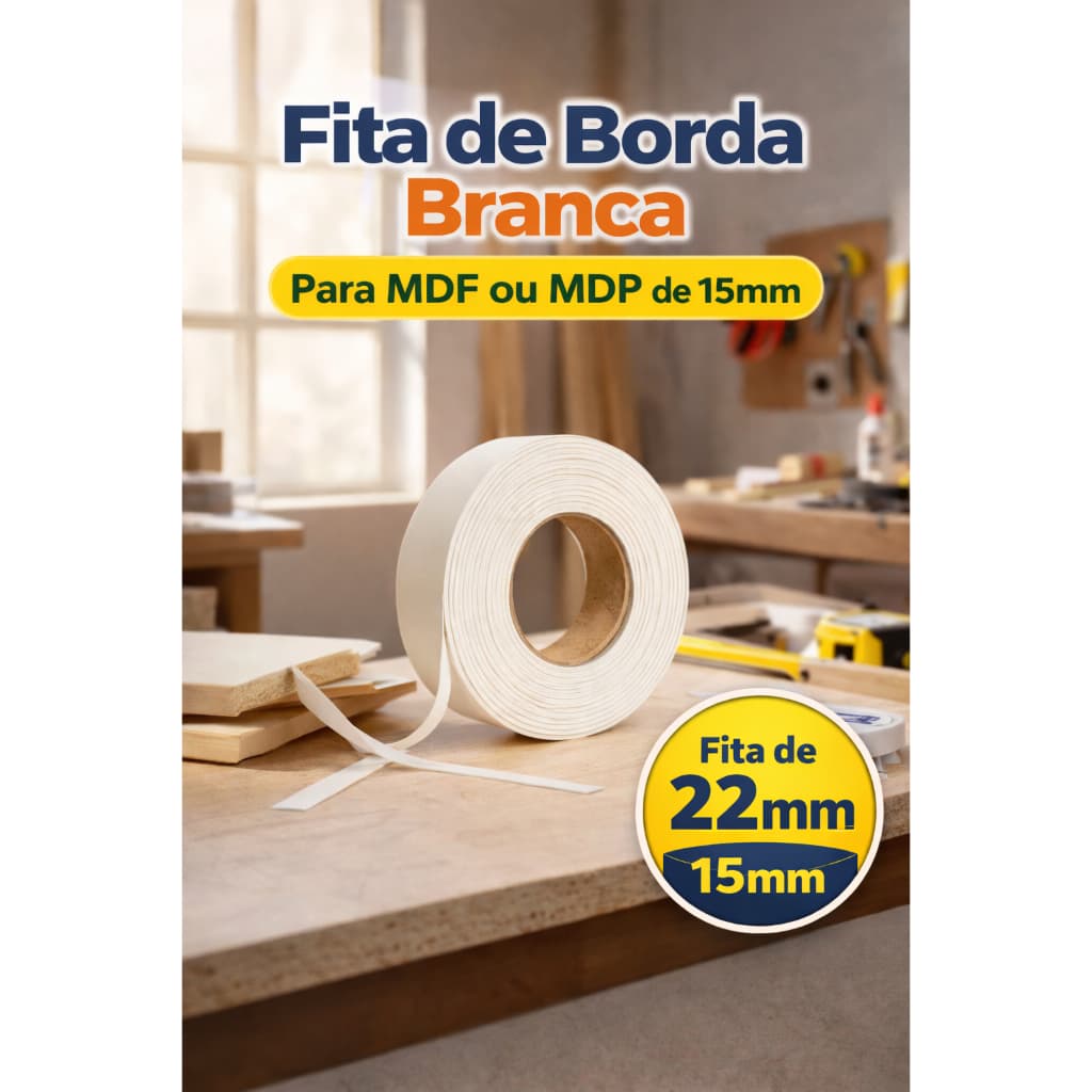 Fita de Borda PVC Branco TX 22mm para MDF MDP Acabamento Marcenaria Profissional Marceneiro