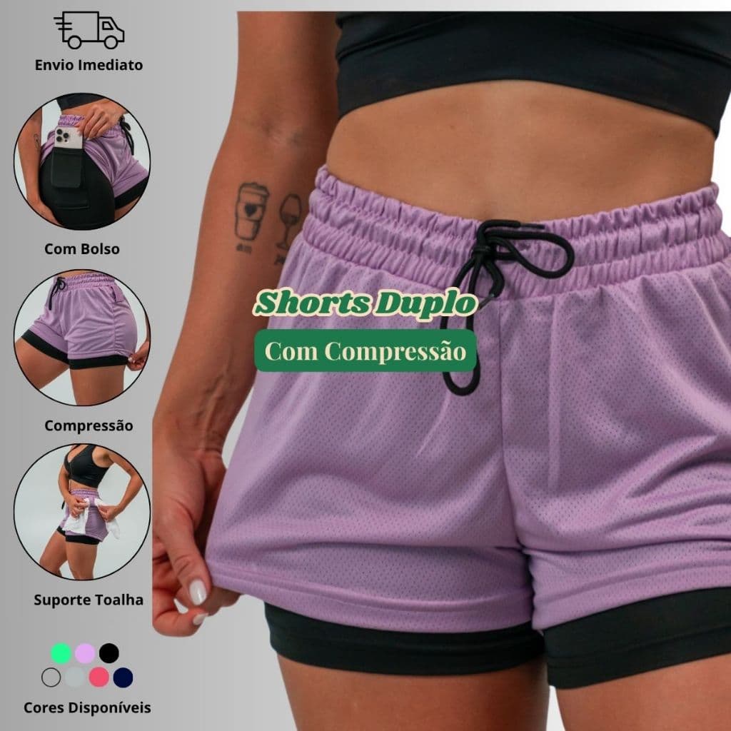 SHORT DUPLO FEMININO DRY FIT BOLSO Para Celular/Bolinha Ideal Academia Ginástica Corrida Caminhada