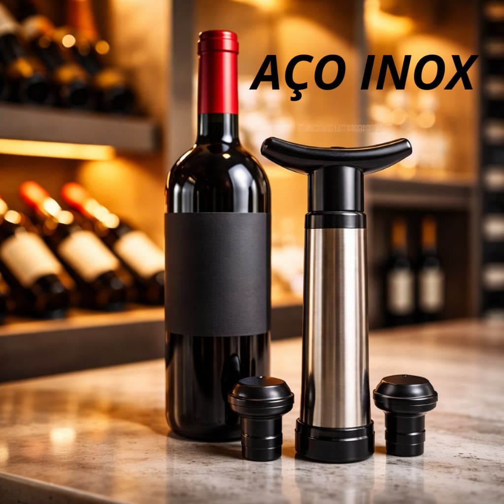 BOMBA A VÁCUO SALVA VINHOS QUE TIRA O AR DA GARRAFA CORPO AÇO INOX 2 ROLHAS SILICONE