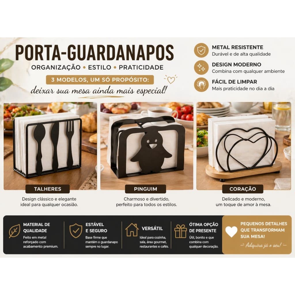 Porta-guardanapos de Mesa em Metal - Elegancia, Organização e leveza - Vários Modelos Escolha o seu