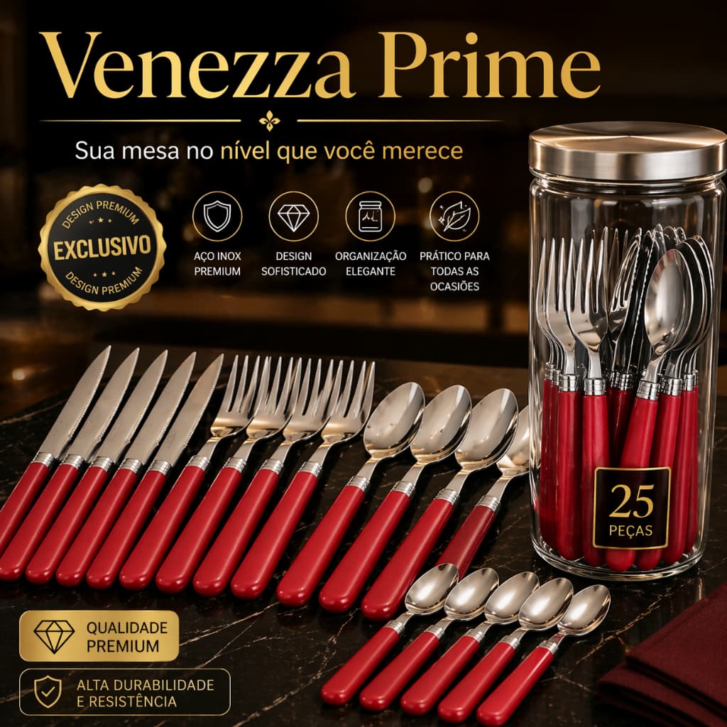 🍴Jogo de Talheres 25 Peças com Pote Organizador de vidro um conjunto  Venezza para sua Cozinha Completa Moderna🥄