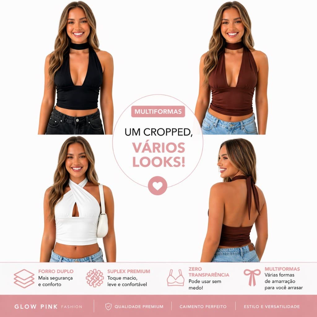 Cropped Blusa Feminino Multiformas Suplex Premium Frente Única Amarração Zero Transparência