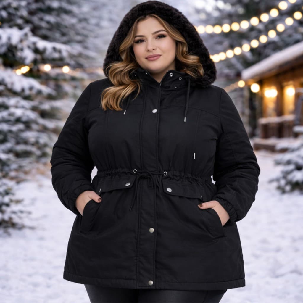 Jaqueta Feminina Parka Sarja Plus Size Forrada Pelinho Capuz Inverno Frio Intenso