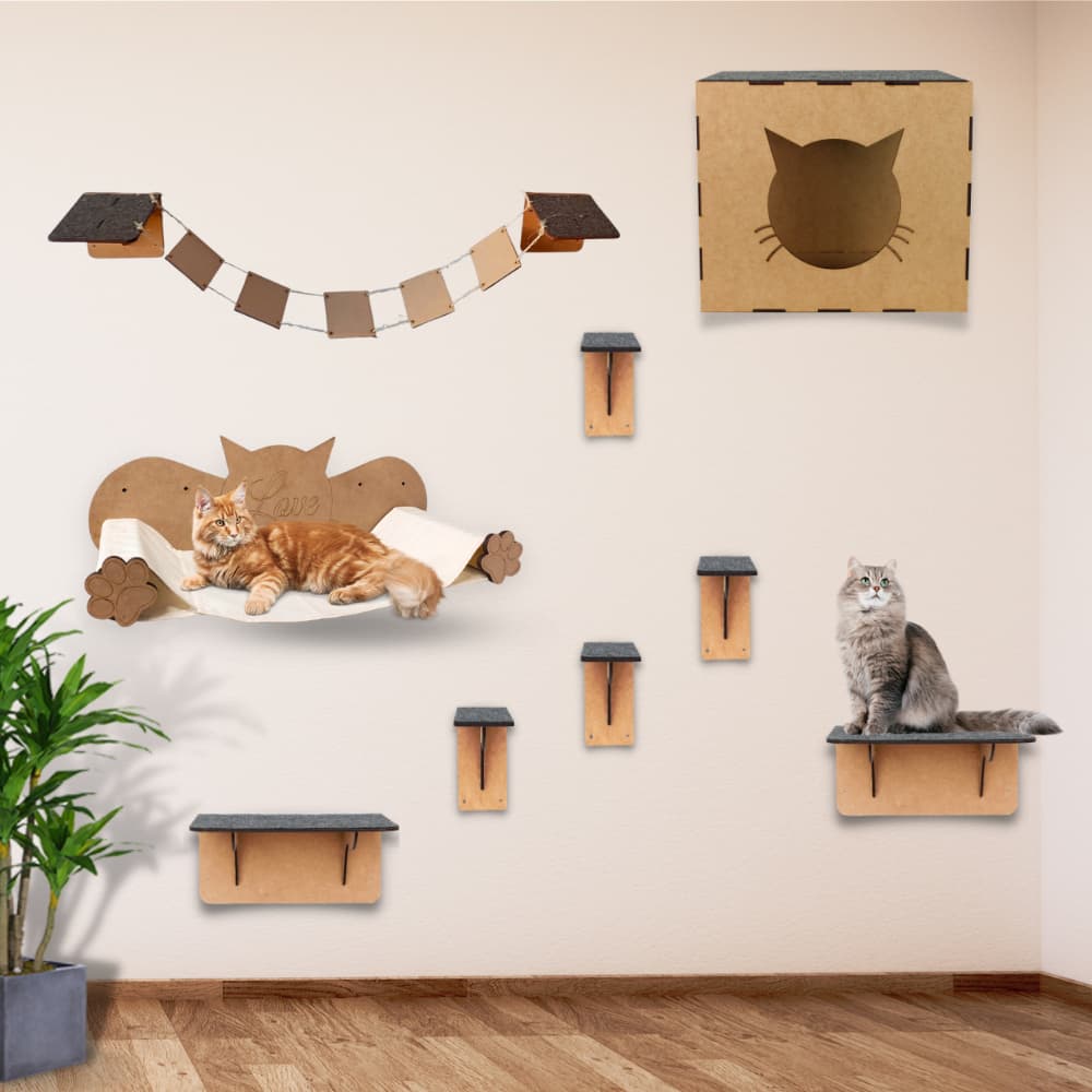 Playground para Gatos 9 Peças Parquinho Suspenso Rede Nicho Degraus Prateleiras em MDF com Carpete