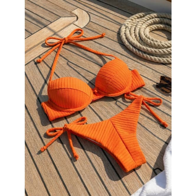 Biquíni Meia Taça Canelado Amarração Lateral Calcinha Fio Dental/Larga Conforto Praia Piscina Lançamento Verão