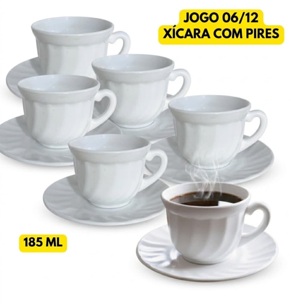 Jogo Kit 06/12 Xícaras Vidro Opaline Branca 185ML C/ Pires Café Chá Grande Padaria Refeição Chicara