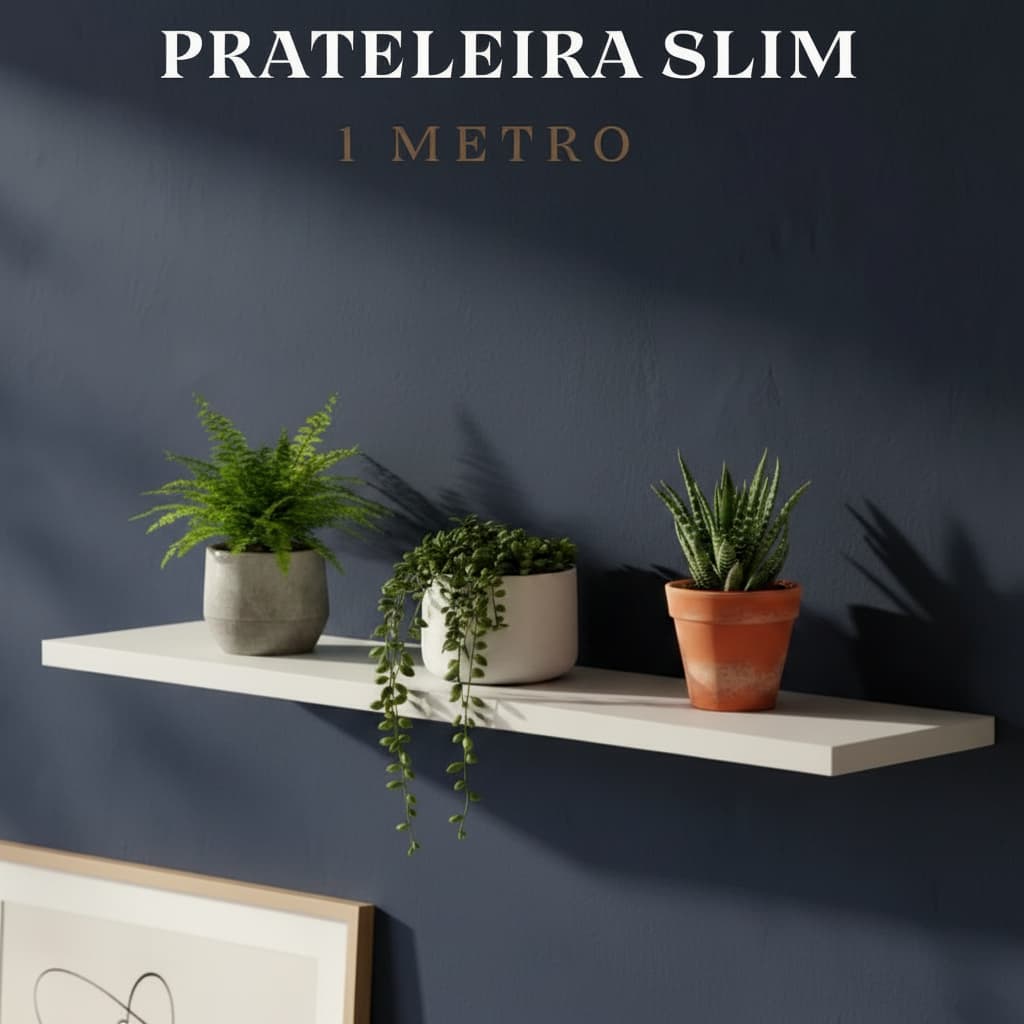 Prateleira Suspensa 1 Metro Slim Branca MDF Quadros e Livros Nicho Parede Decorativo