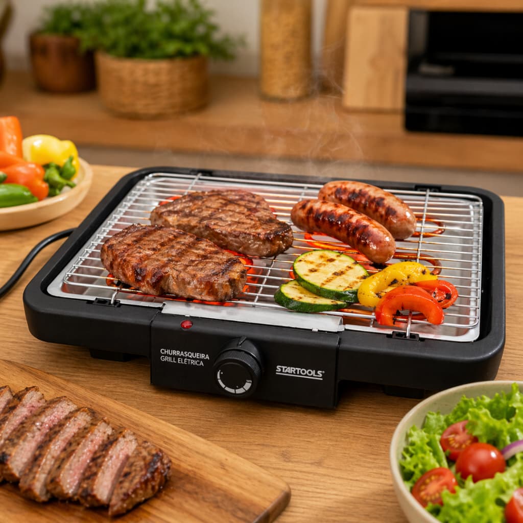 Churrasqueira Elétrica Grill Portátil Sem Fumaça 110V Preta Compacta para Casa Apartamento Dia dos Pais
