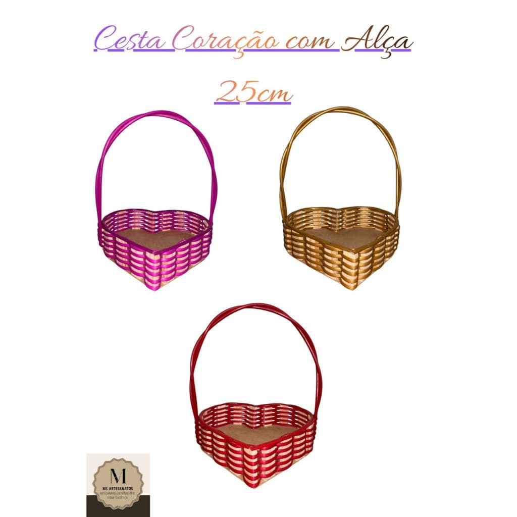 KIT 10 Cesta Coração com Alça Dupla 25cm em Fita Sintético | Cesta para Presente, Decoração e Lembrancinha