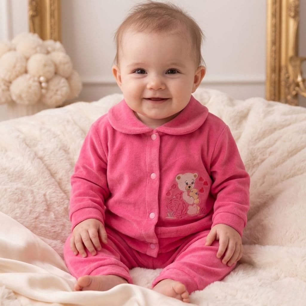 Conjunto Blusa Com Botões e Calça Macio Quentinho Infantil Plush Roupa de Frio Bordado Premium Inverno