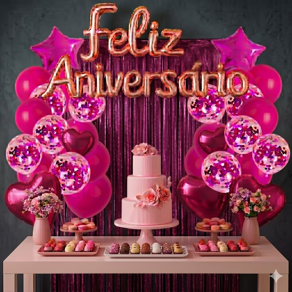 KIT BALÃO FELIZ ANIVERSÁRIO COM 26 PEÇAS BEXIGAS LETRAS  CORTINA METALIZADA DECORAÇÃO FESTAS  CORES