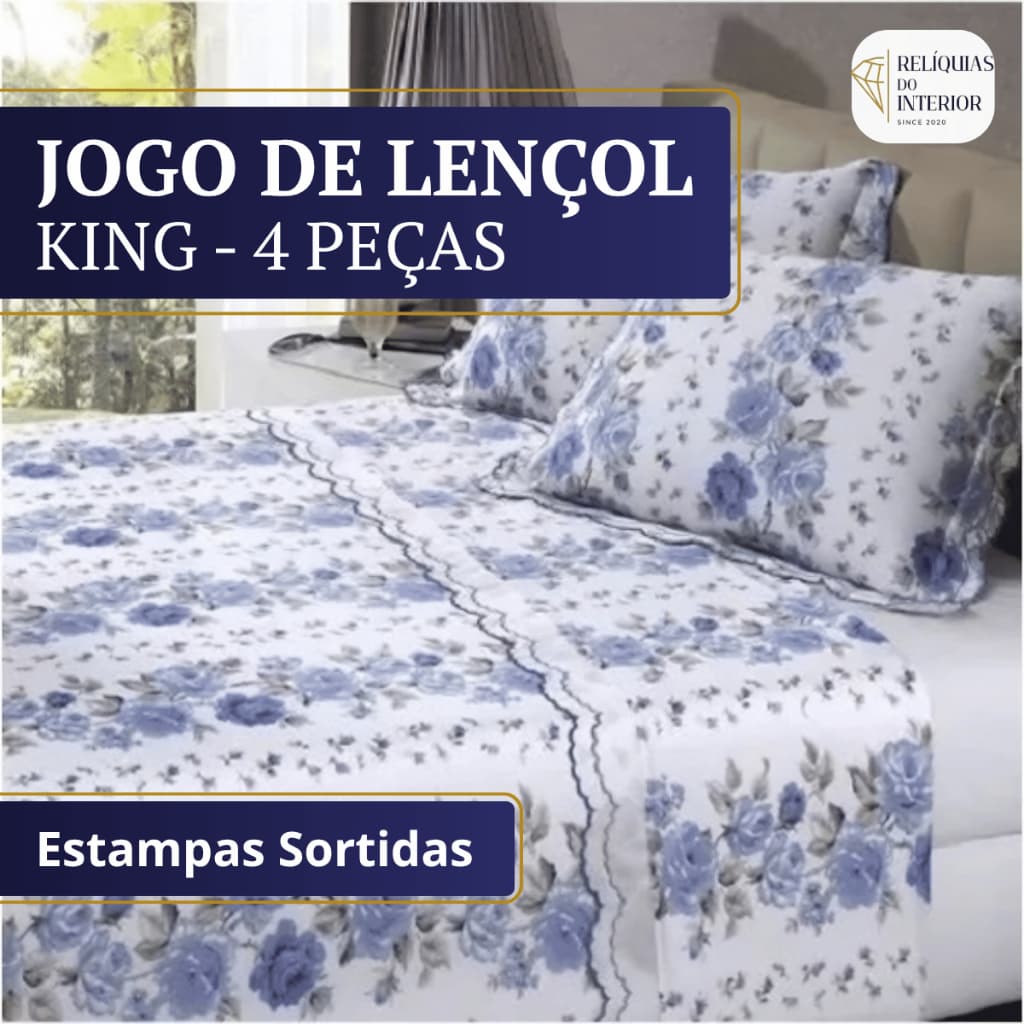 Kit 4 Pçs Lençol King Superior + Lençol C/ Elástico + 02 Fronhas Estampas Variadas
