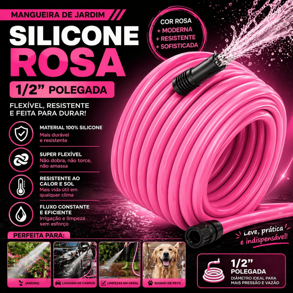Mangueira Jardim 1/2 100% Silicone Rosa Flexível Com Esguicho Reforçada 07 10 15 20 25 30 metros