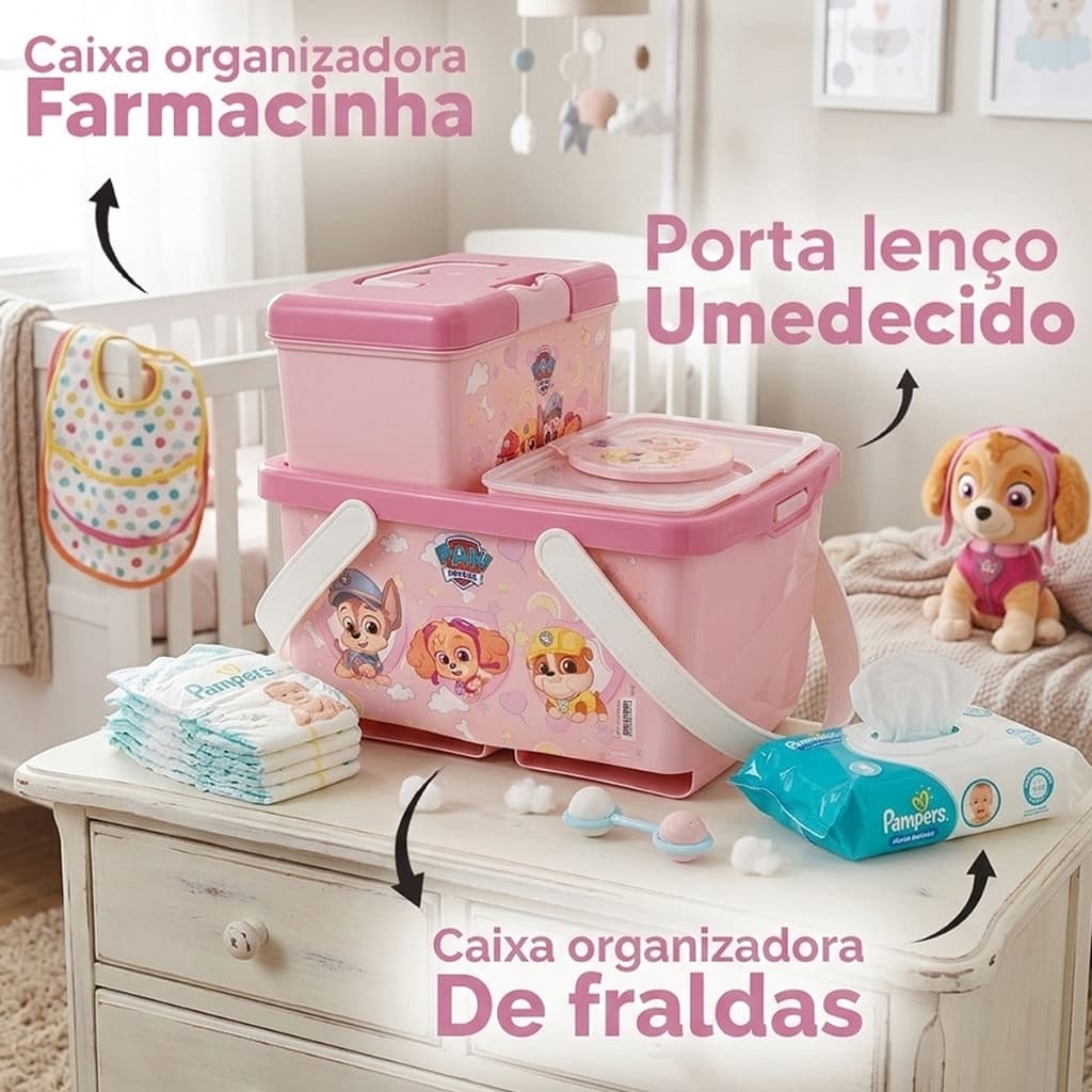 Kit Higiene Infantil Patrulha Canina Rosa 3 Peças Bebê Enxoval Lenço Fralda Caixa Organizadora