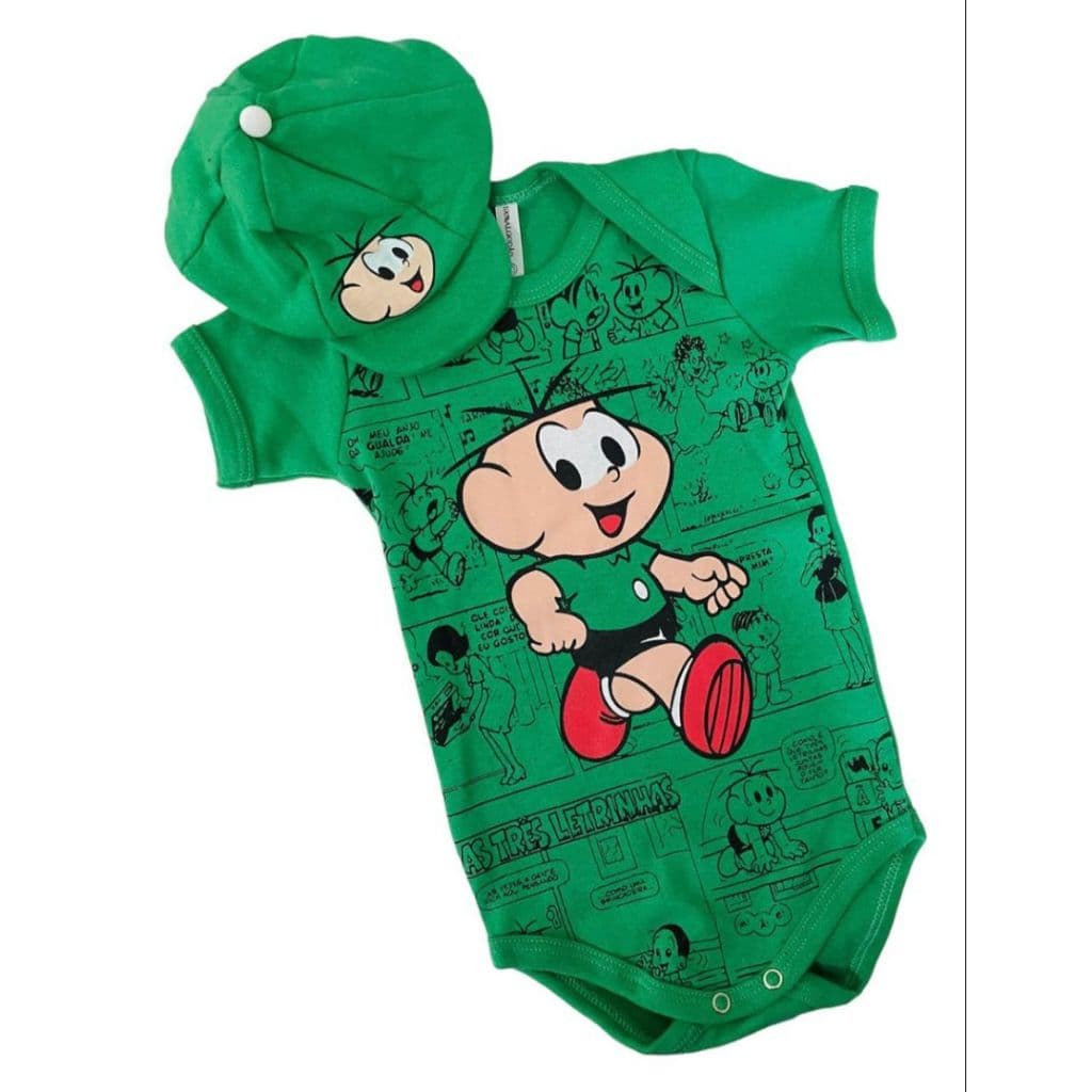 Kit Body Bebê Cebolinha + Boina Temática Menino Mesversário Turma da Mônica