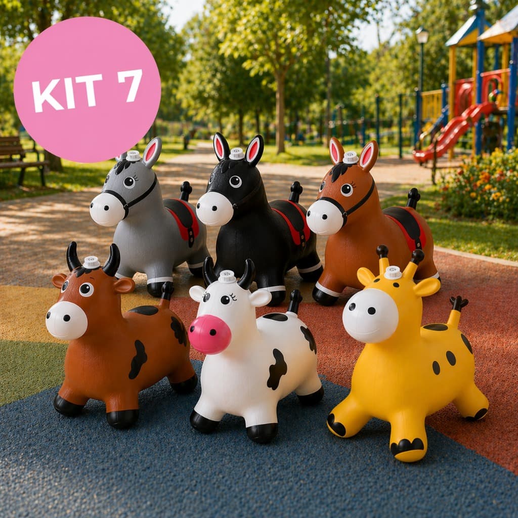 Kit 7 Cavalinhos Upa Upa Infantil Pocotó com Som e Luz / Pula Pula Inflável  Emborrachado Vaquinha Girafa e Burrinho