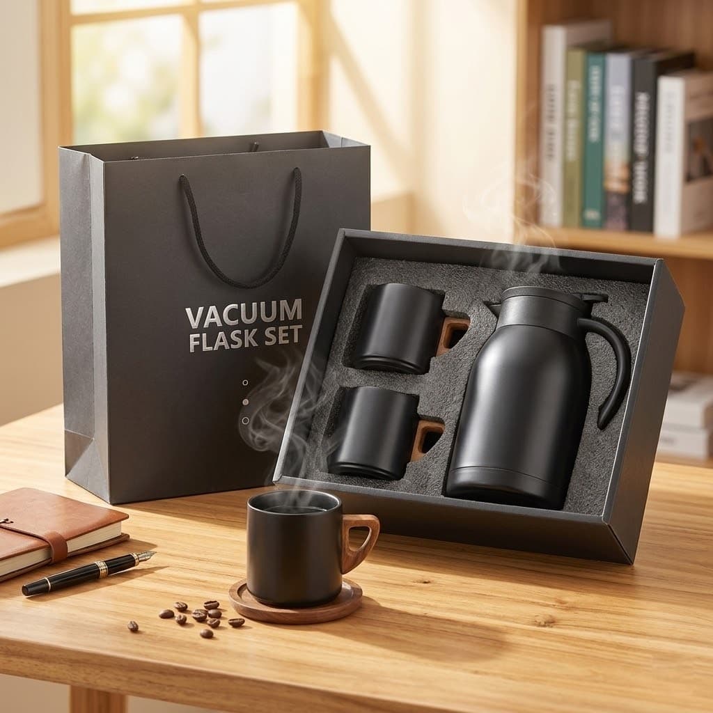 Kit Garrafa Térmica Inox 900ml + 2 Xícaras Luxo – Conjunto Presente Café e Chá - Dia das Maes