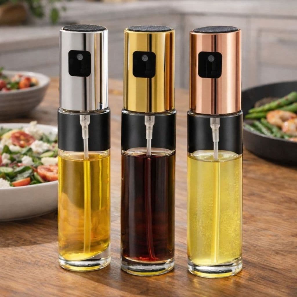 Kit 3 Unidades de Spray Azeite 100ml Vidro Inox Borrifador Óleo Vinagre Shoyu Cozinha Premium Prateado, Dourado e Rosê