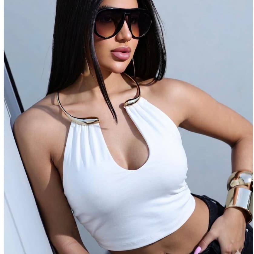 Top Cropped Feminino Decote V Argola Colar no Pescoço Suplex Costas Nuas Tendência Inverno.