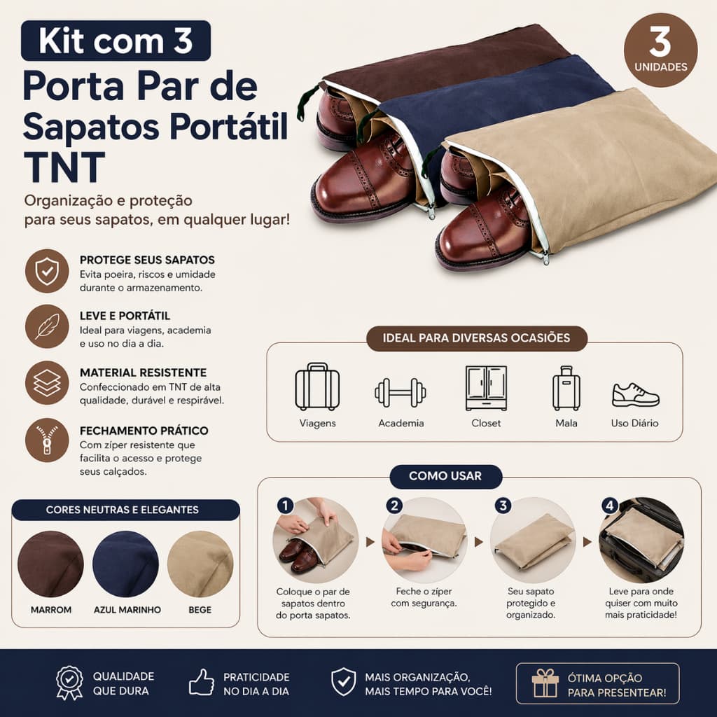 Kit com 3 Porta Par de Sapatos TNT Organizador Portátil para Viagem e Mala