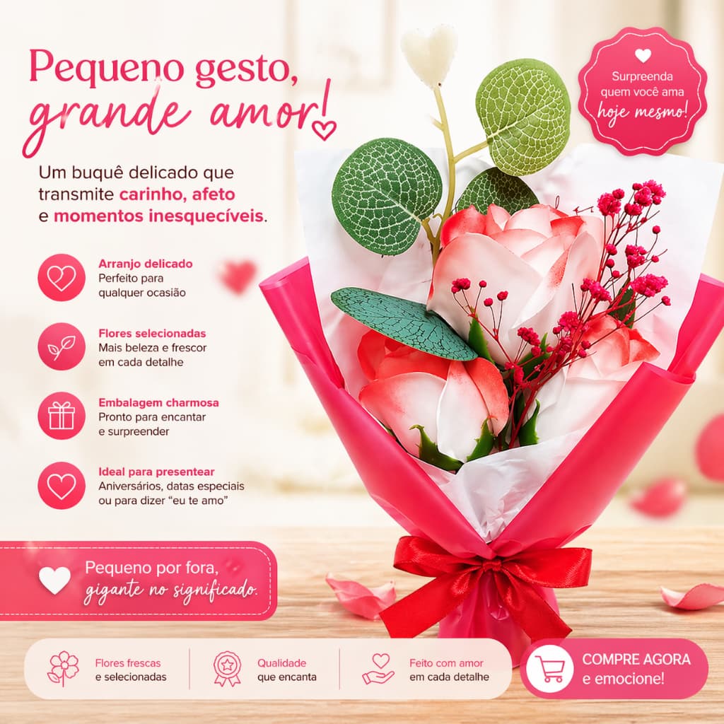 Buquê Decorativo Com Rosa Artificial 24cm - Vermelha- Presente dia das maes- mães- mãe