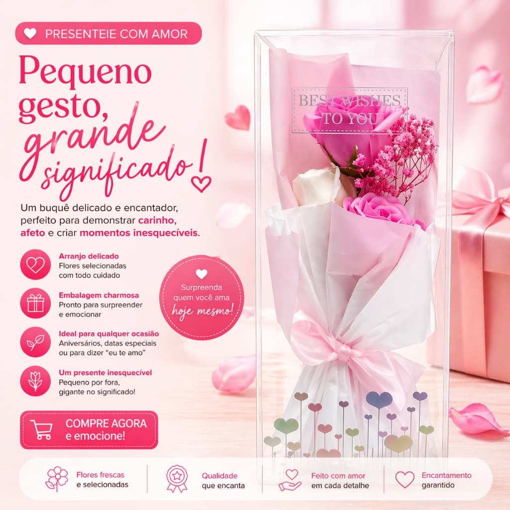 Buquê Decorativo Rosa Com Caixa Transparente - Rosa- dia das maes-  mães - mãe