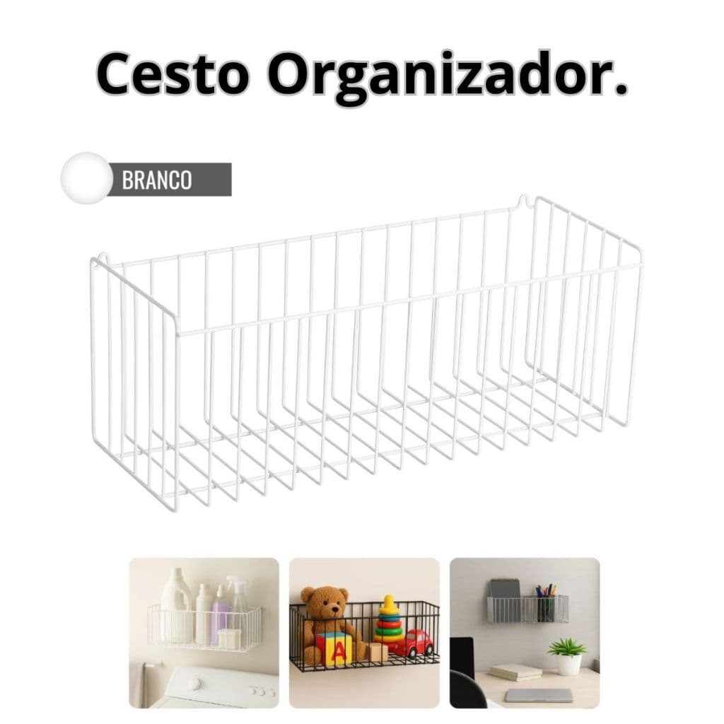 Cesto Aramado De Parede Lavanderia Cozinha Quarto N5 Branco - 40x15,3cm