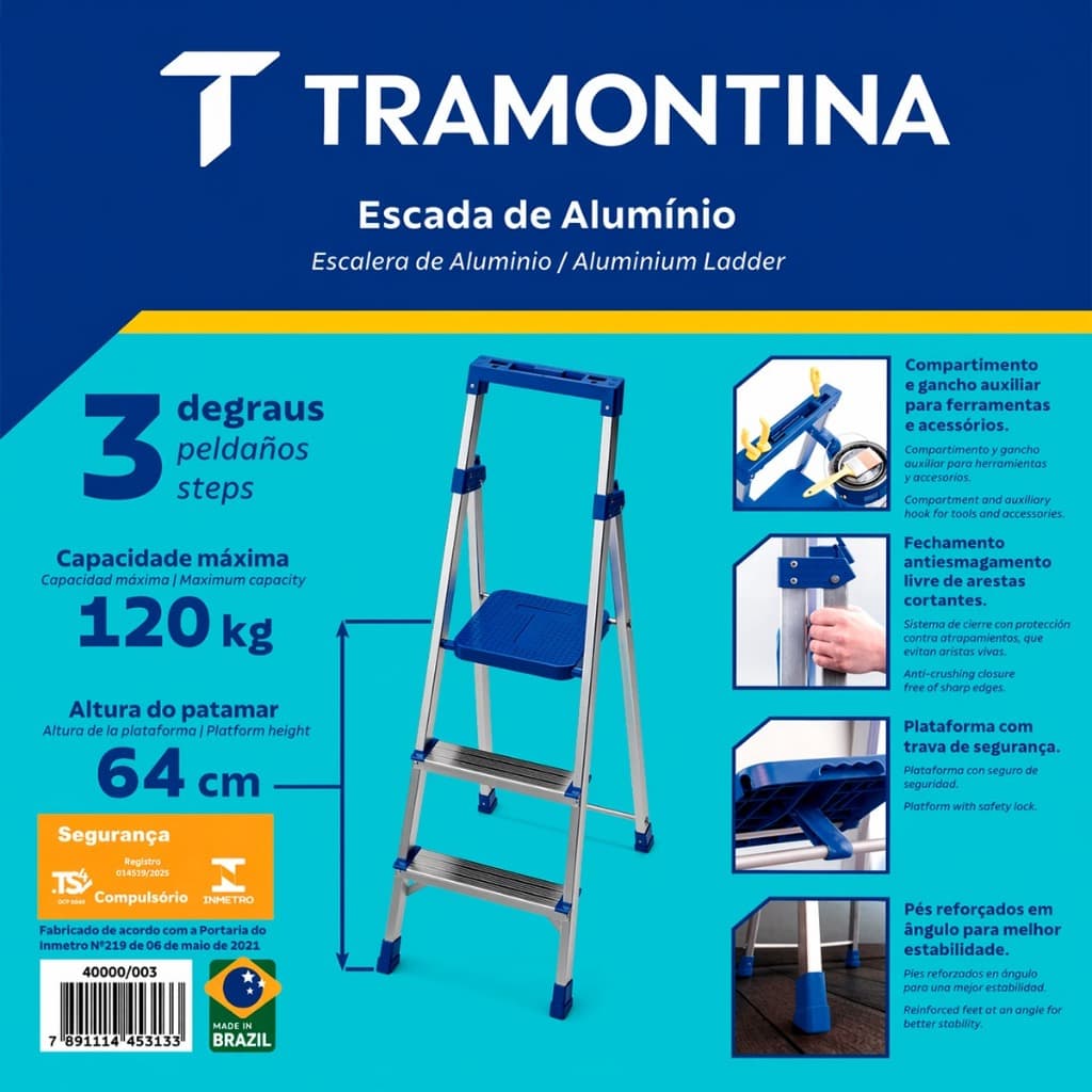 ESCADA TRAMONTINA DOMESTICA EM ALUMINIO 3 DEGRAUS