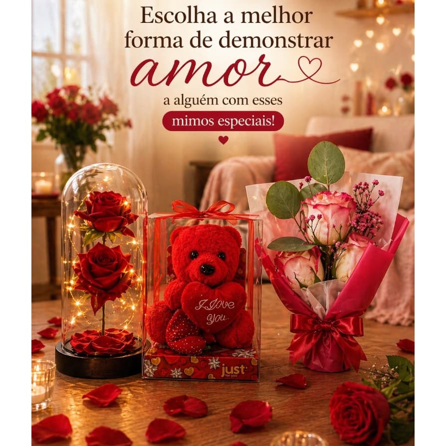 Buquê de rosas artificiais Cúpula com Ursinho Kit enfeite de Rosas com Led Presente Românticos