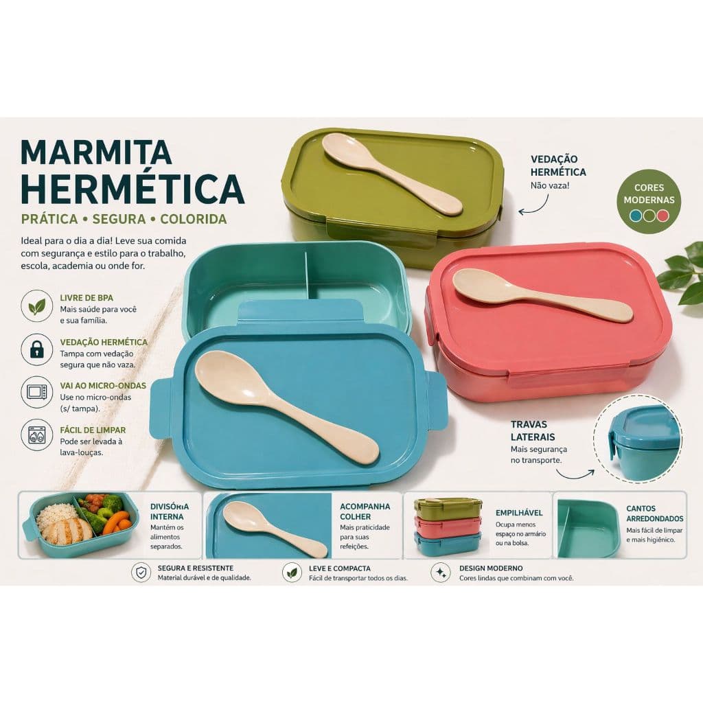 Lancheira Marmita Muito Espaçosa com 2 Divisórias e Colher – Ideal para Escola, Trabalho e Viagem