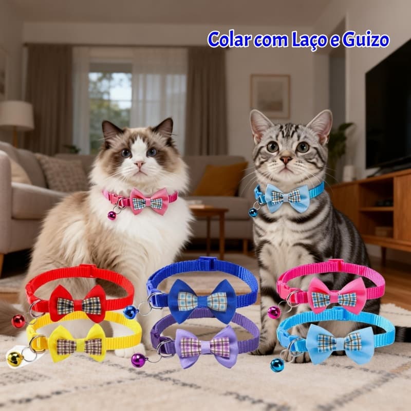 Coleira Ajustável para Gatos com Laço Quadriculado e Pingente – Nylon para Porte Pequeno e Médio | Pronta entrega