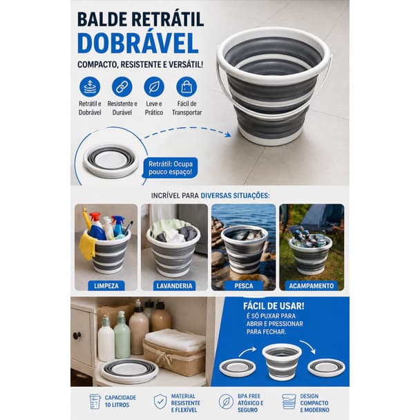 Balde Dobrável de Silicone 10 Litros – Compacto, Resistente e Multiuso