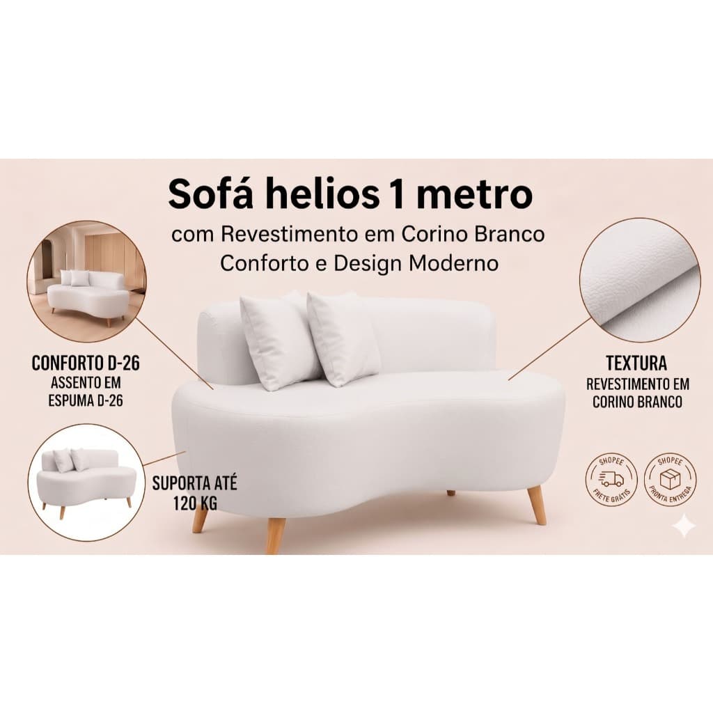 🔥 Sofá Helios XII 1m Corino Branco | Fácil Limpeza, Pé 12cm Alto e Design Moderno
