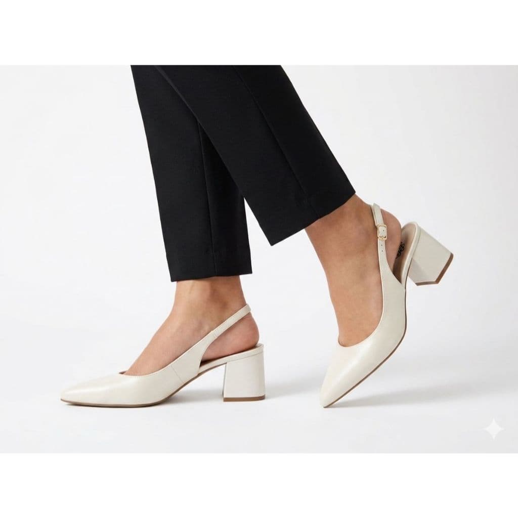 Sapato Feminino Scarpin Trazeiro Aberto Slingback Salto Bloco Médio Off White Forma Pequena
