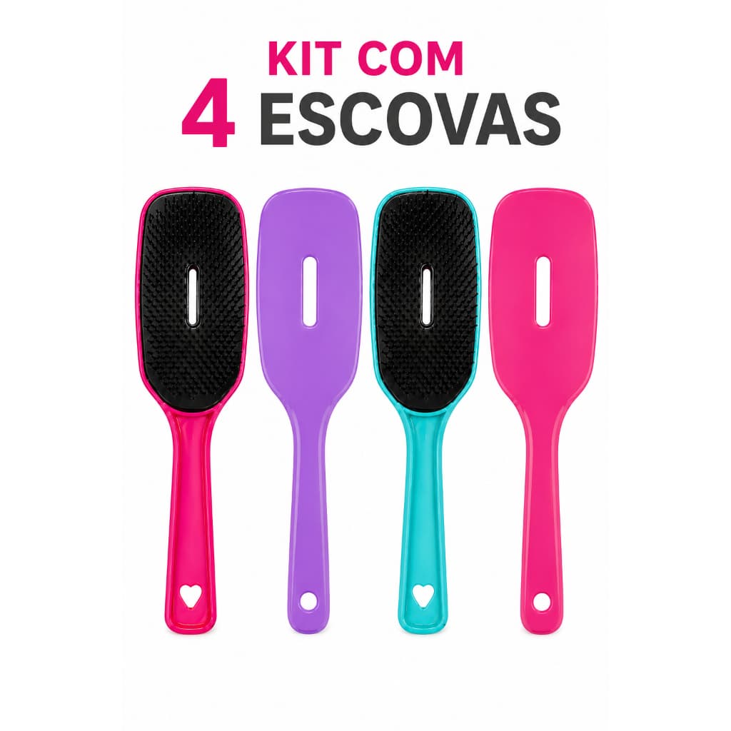 kit com 4 Escovas De Cabelo Raquete Vazada Desembaraçadora Flex Hair Não Danifica Fios Pente pra Cabelo - Anti Frizz