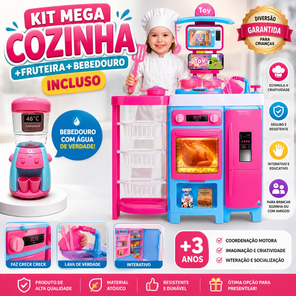 Kit Mega Cozinha Infantil Completa Com Bebedouro Água De Verdade +3 Anos Educativo Menina