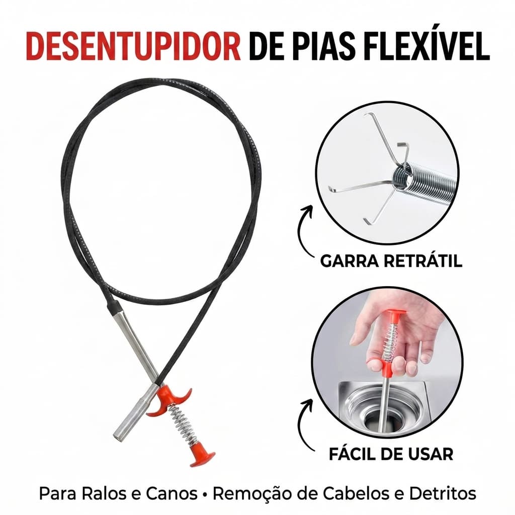 Garra Desentupidora Manual 1,6m Flexível Pia Ralo Banheiro Cozinha Gancho Pegador BM-F1846 Original