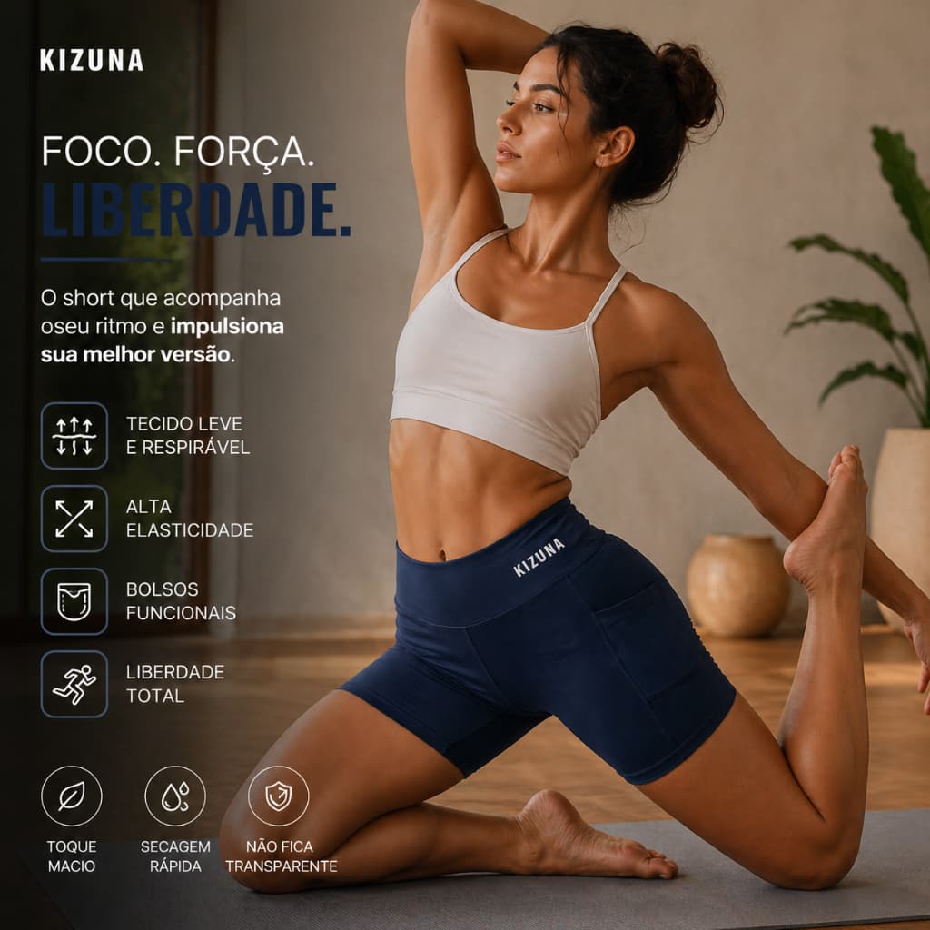 Short Feminino Kizuna Premium Suplex com Bolso Porta Celular Academia Cintura Alta Compressão Treino Confortável