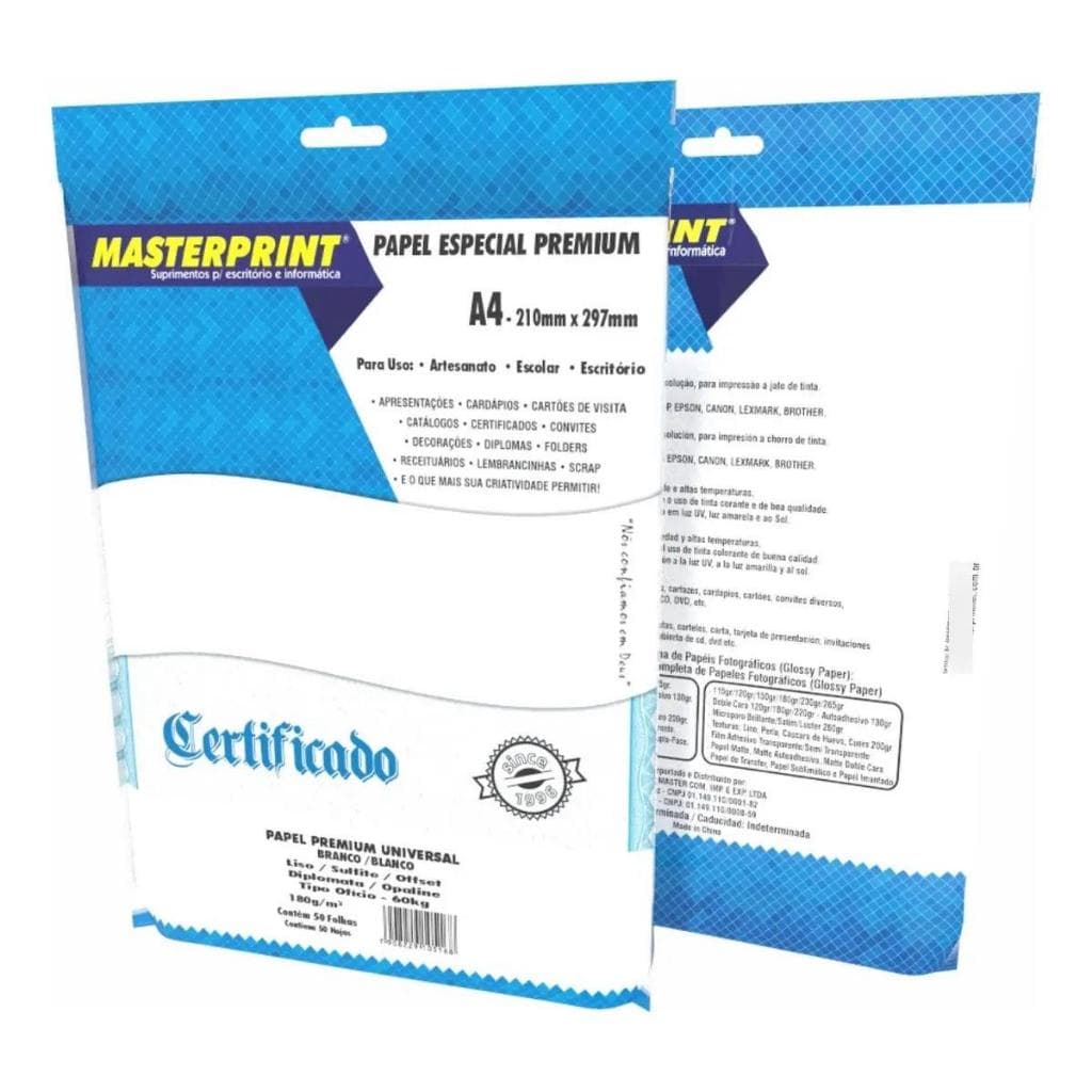 Papel Offset / Opaline A4 180g Branco Masterprint 50 Folhas – Papel Premium para Impressora e Certificados